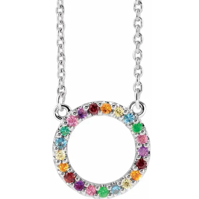14k Yellow Rose White Gold Multi Color Gemstone Rainbow Circle Pendant Charm Necklace