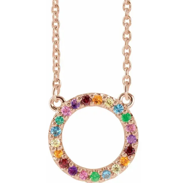 14k Yellow Rose White Gold Multi Color Gemstone Rainbow Circle Pendant Charm Necklace