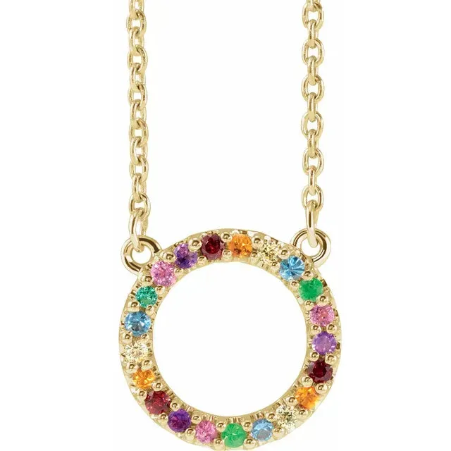 14k Yellow Rose White Gold Multi Color Gemstone Rainbow Circle Pendant Charm Necklace