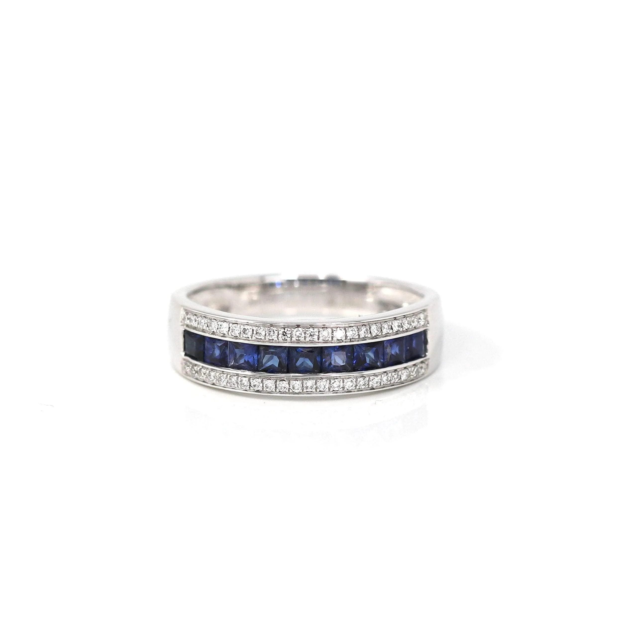 18k White Gold Natural Blue Sapphire Channel Set Band Ring with Diamonds