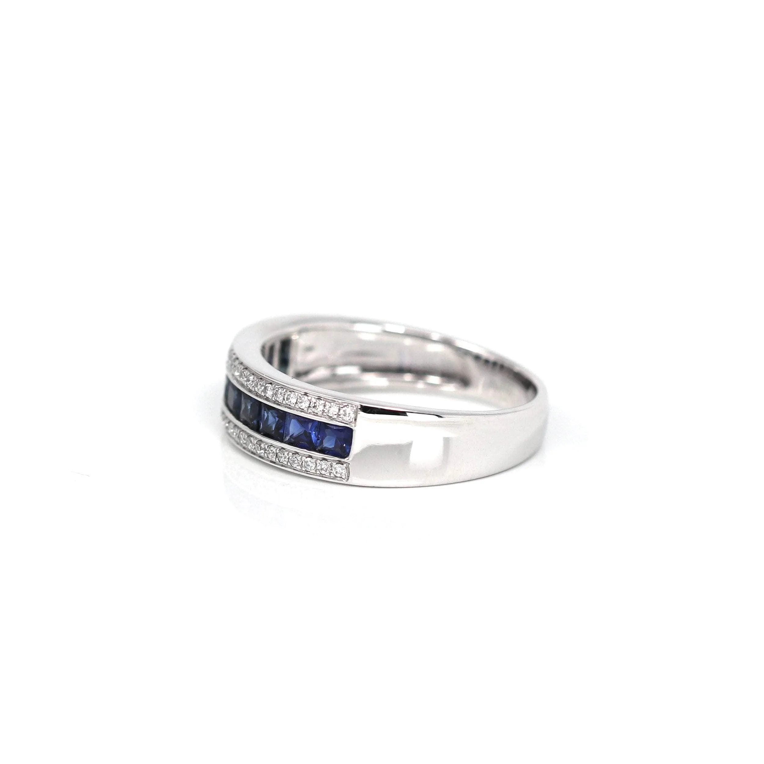 18k White Gold Natural Blue Sapphire Channel Set Band Ring with Diamonds