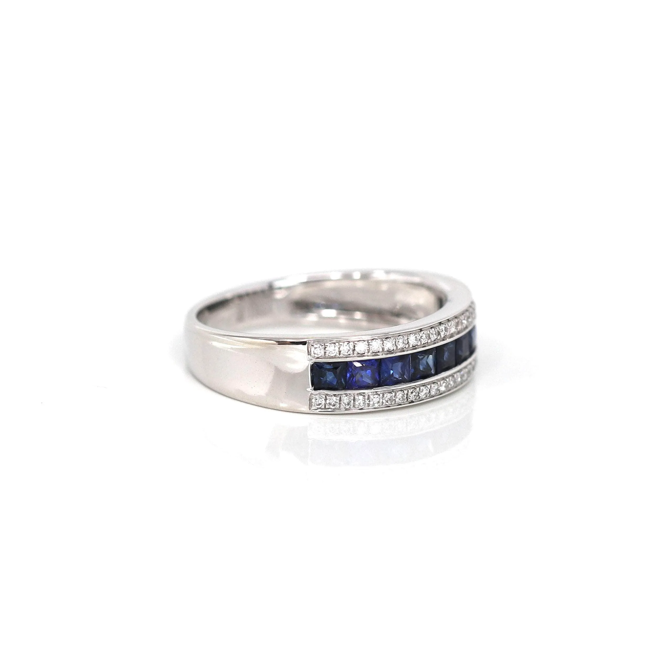 18k White Gold Natural Blue Sapphire Channel Set Band Ring with Diamonds