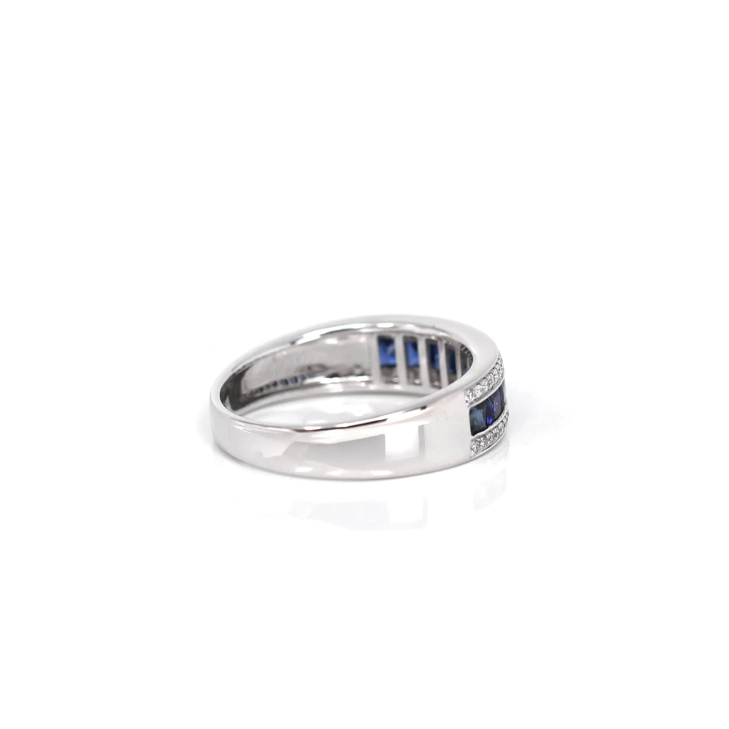 18k White Gold Natural Blue Sapphire Channel Set Band Ring with Diamonds