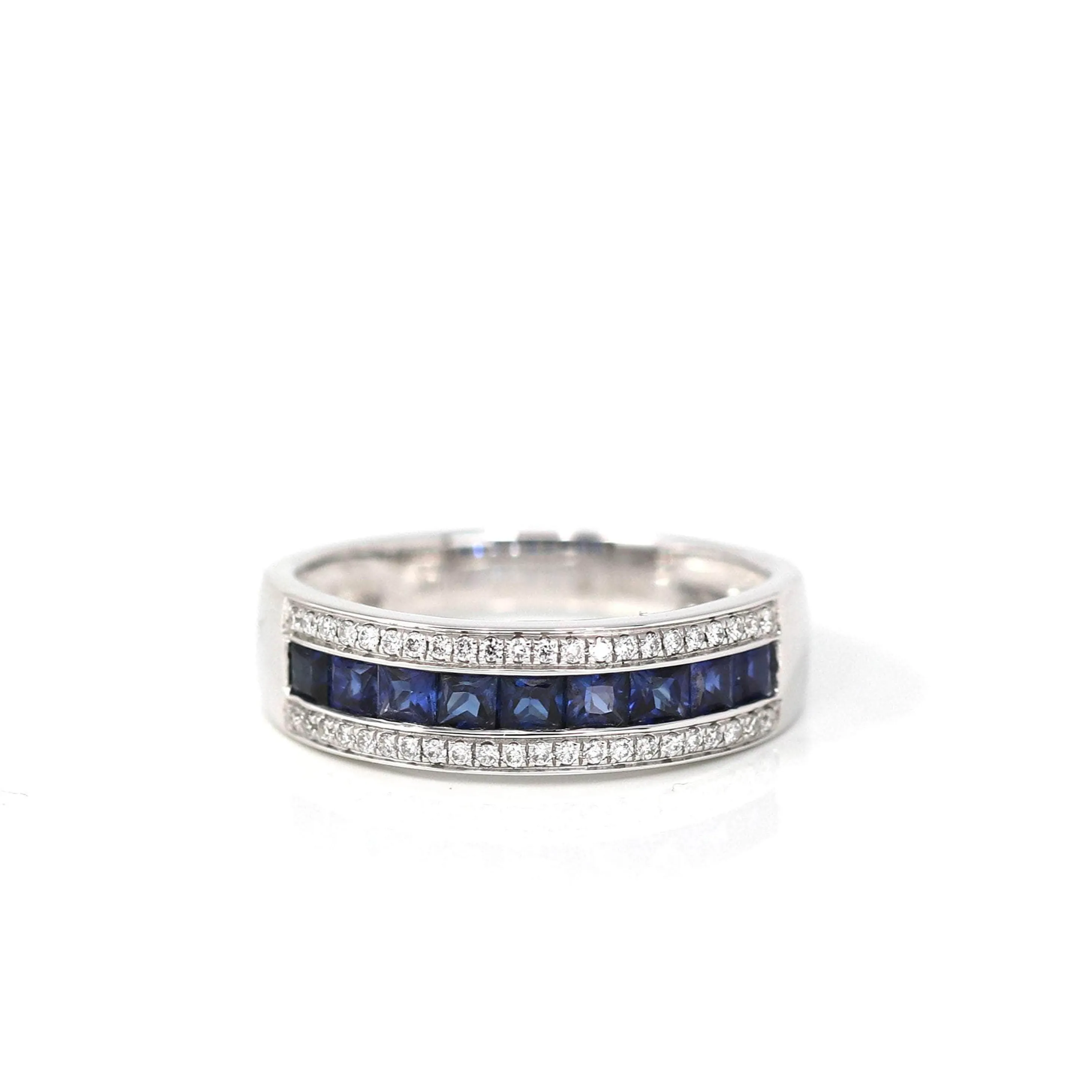 18k White Gold Natural Blue Sapphire Channel Set Band Ring with Diamonds