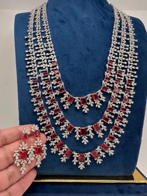 AD Multi Layer Color Stone Long Necklace in Silver Finish