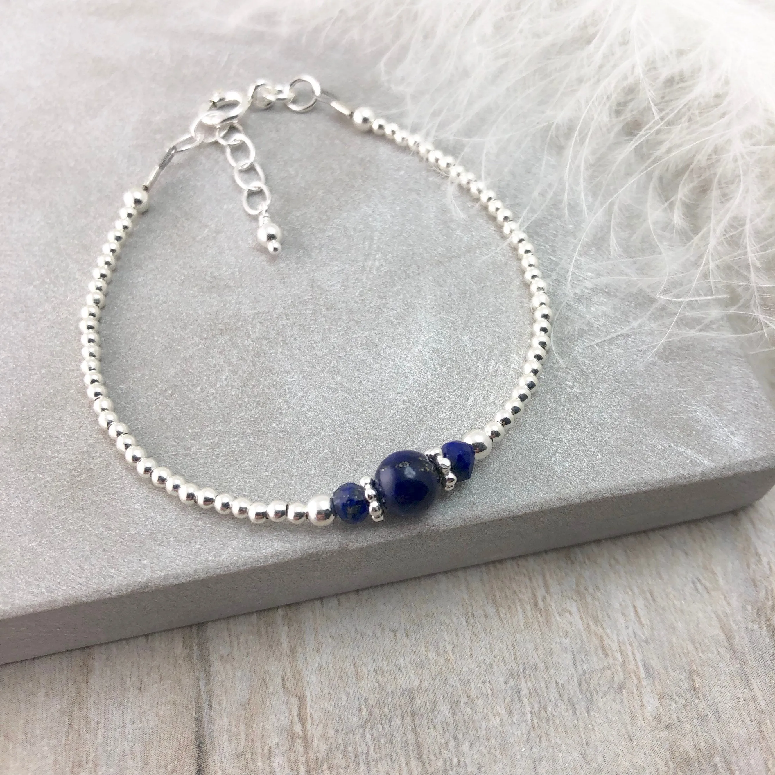 Blue Lapis Lazuli Gemstone Silver Bracelet, Dainty Thin Sterling silver birthstone bracelets for women