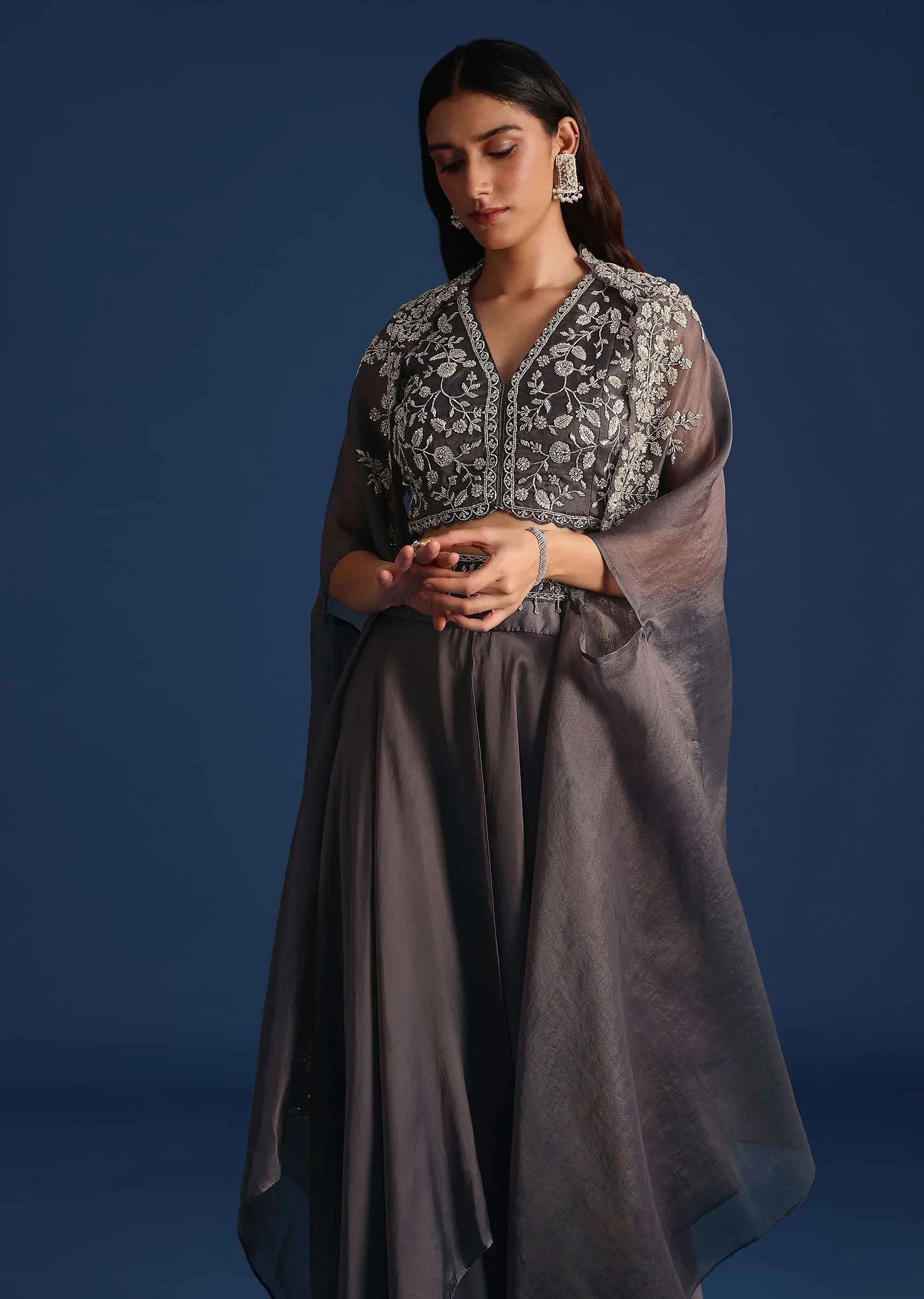 Dark Grey Asymmetric Organza Jacket With Crop Top And Draped Skirt