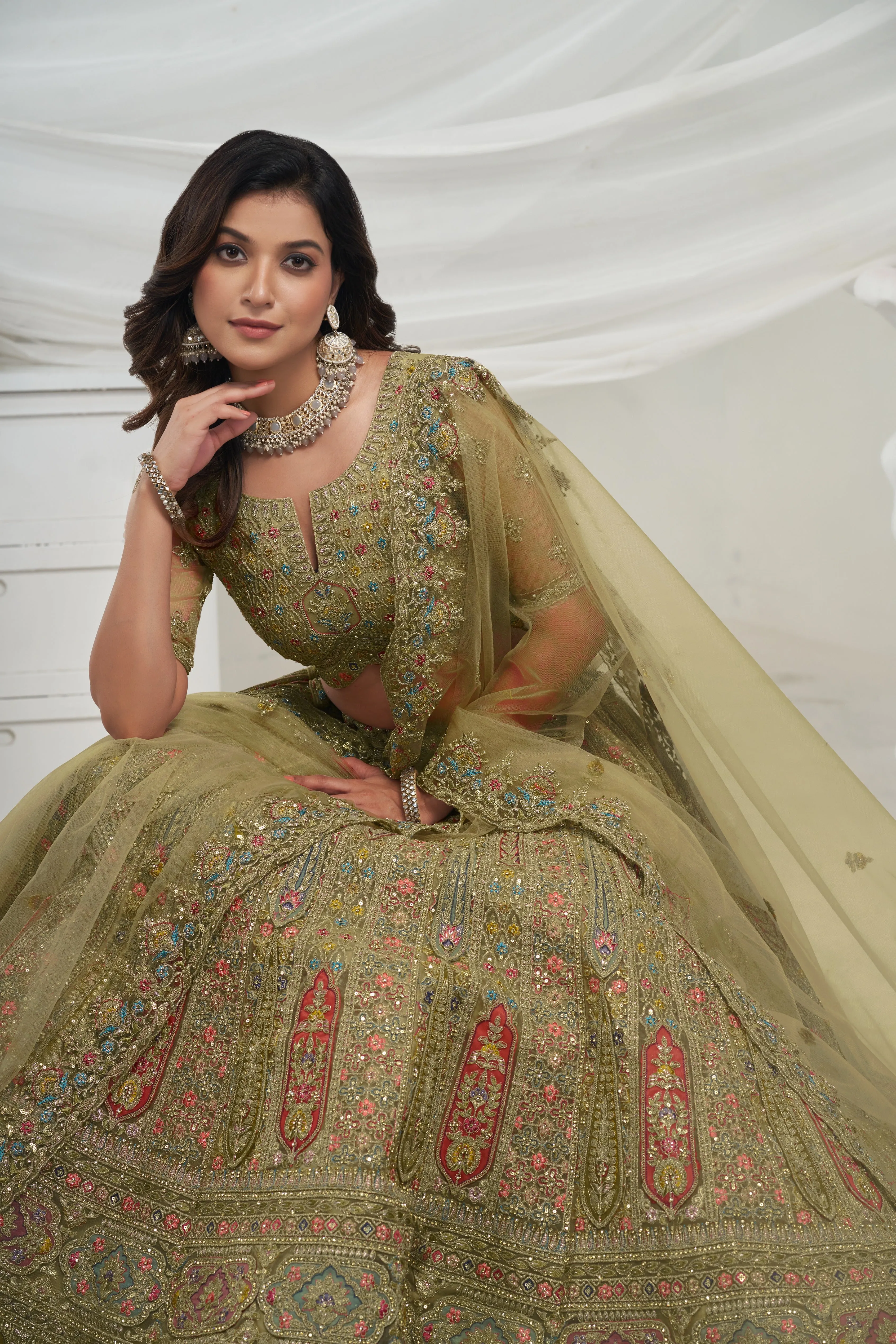 Elegant Green Paisley Floral Lehenga Ensemble