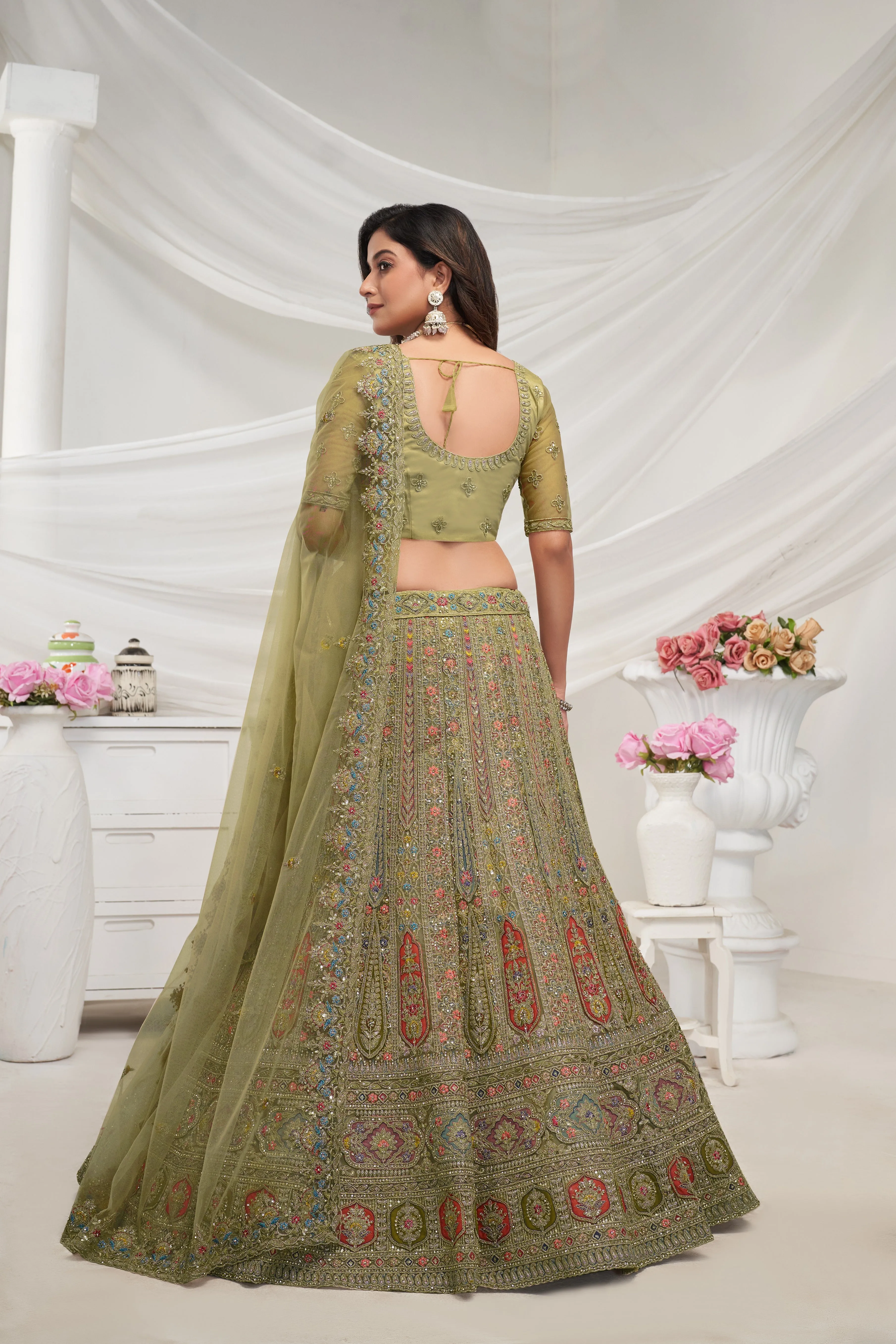 Elegant Green Paisley Floral Lehenga Ensemble