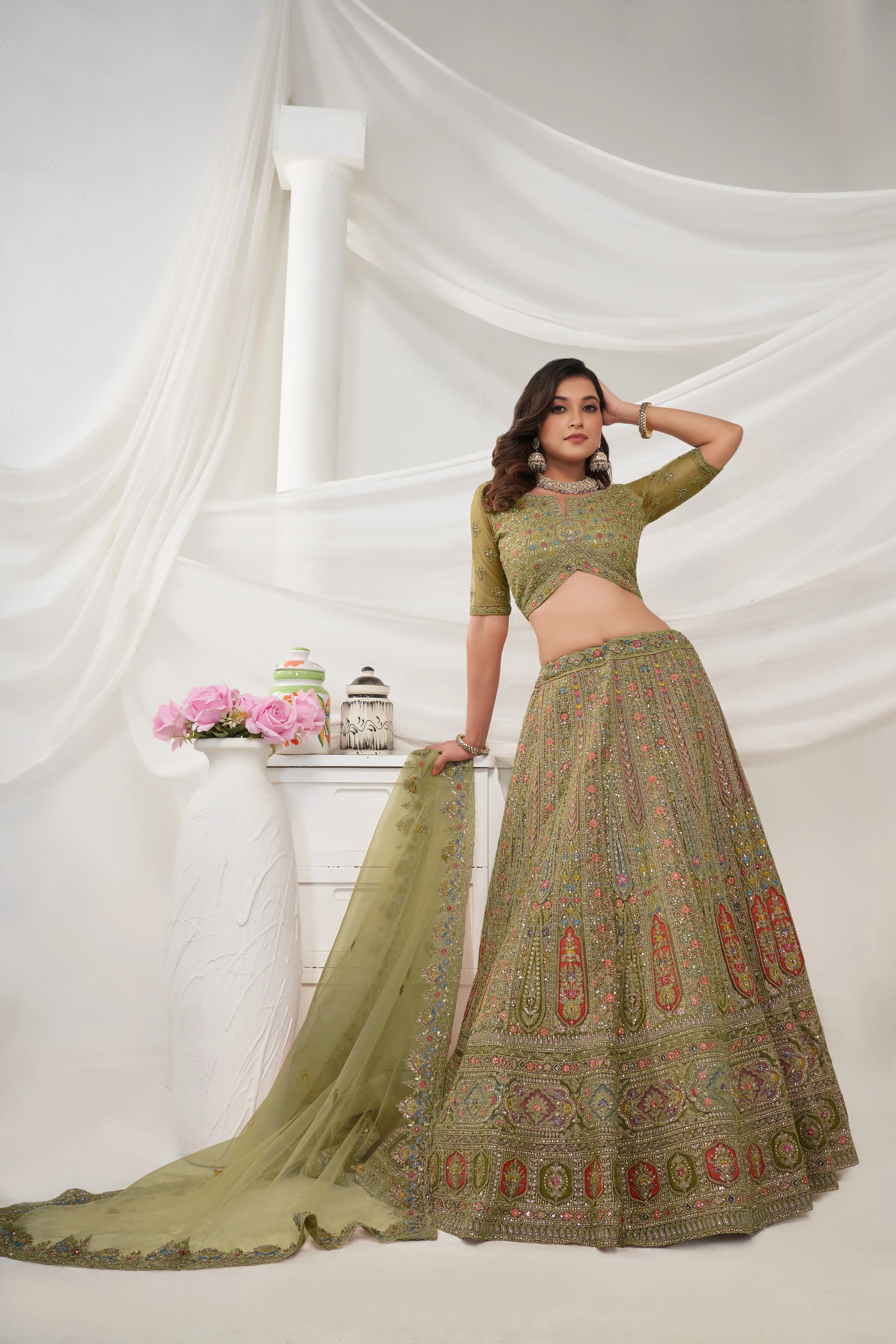 Elegant Green Paisley Floral Lehenga Ensemble