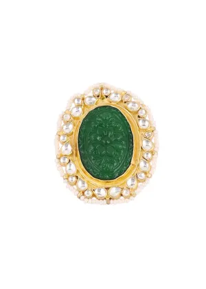 Gold Finish Carved Emerald Green Kundan Polki Bridal Choker Set