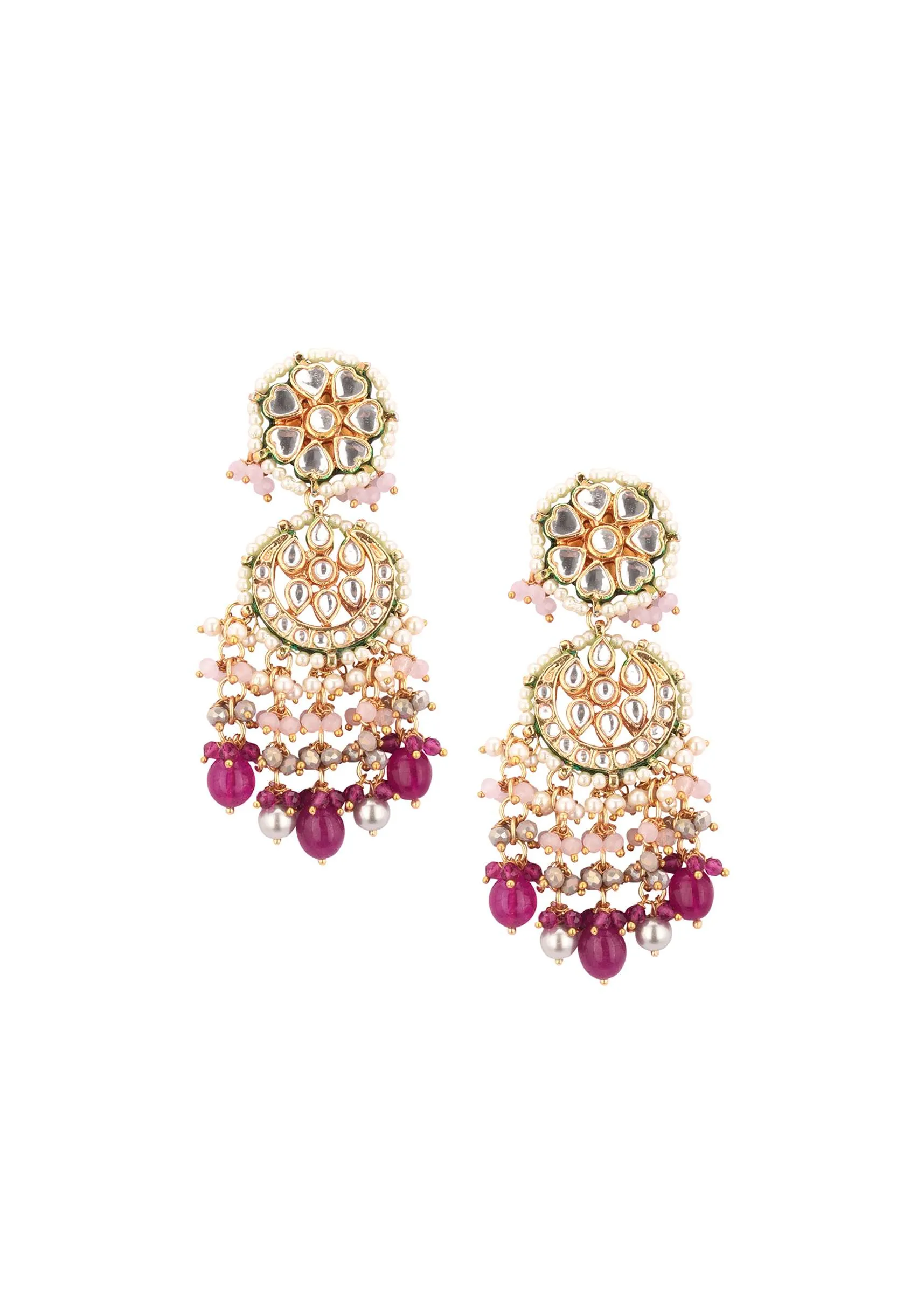 Gold-Finish Ruby Stone Kundan Necklace Set With Colourful Meenakari Work In Mix Metal