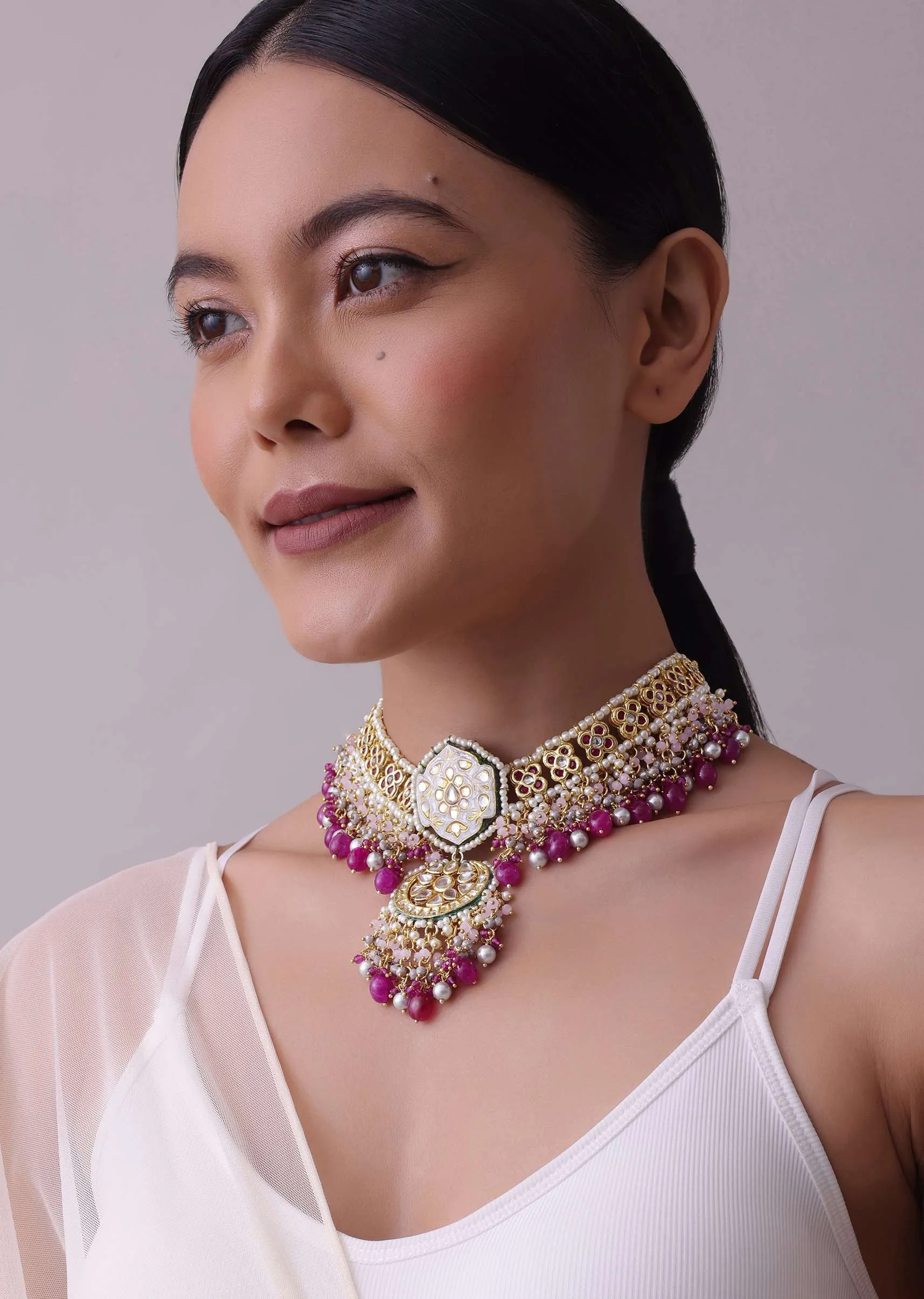 Gold-Finish Ruby Stone Kundan Necklace Set With Colourful Meenakari Work In Mix Metal