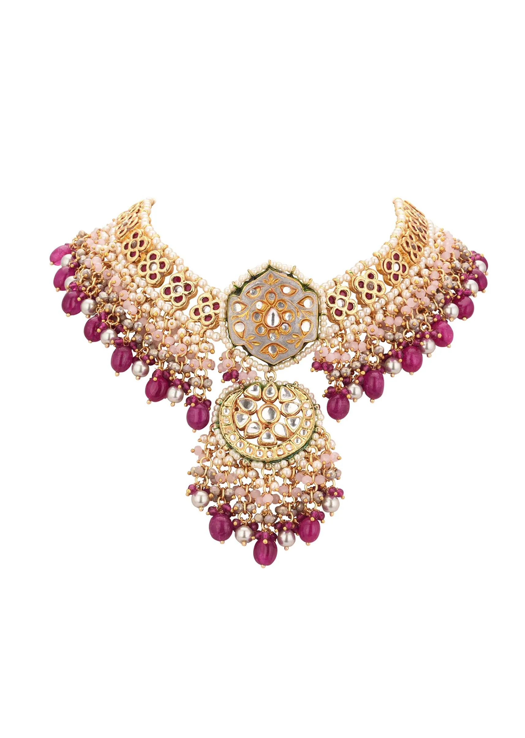Gold-Finish Ruby Stone Kundan Necklace Set With Colourful Meenakari Work In Mix Metal