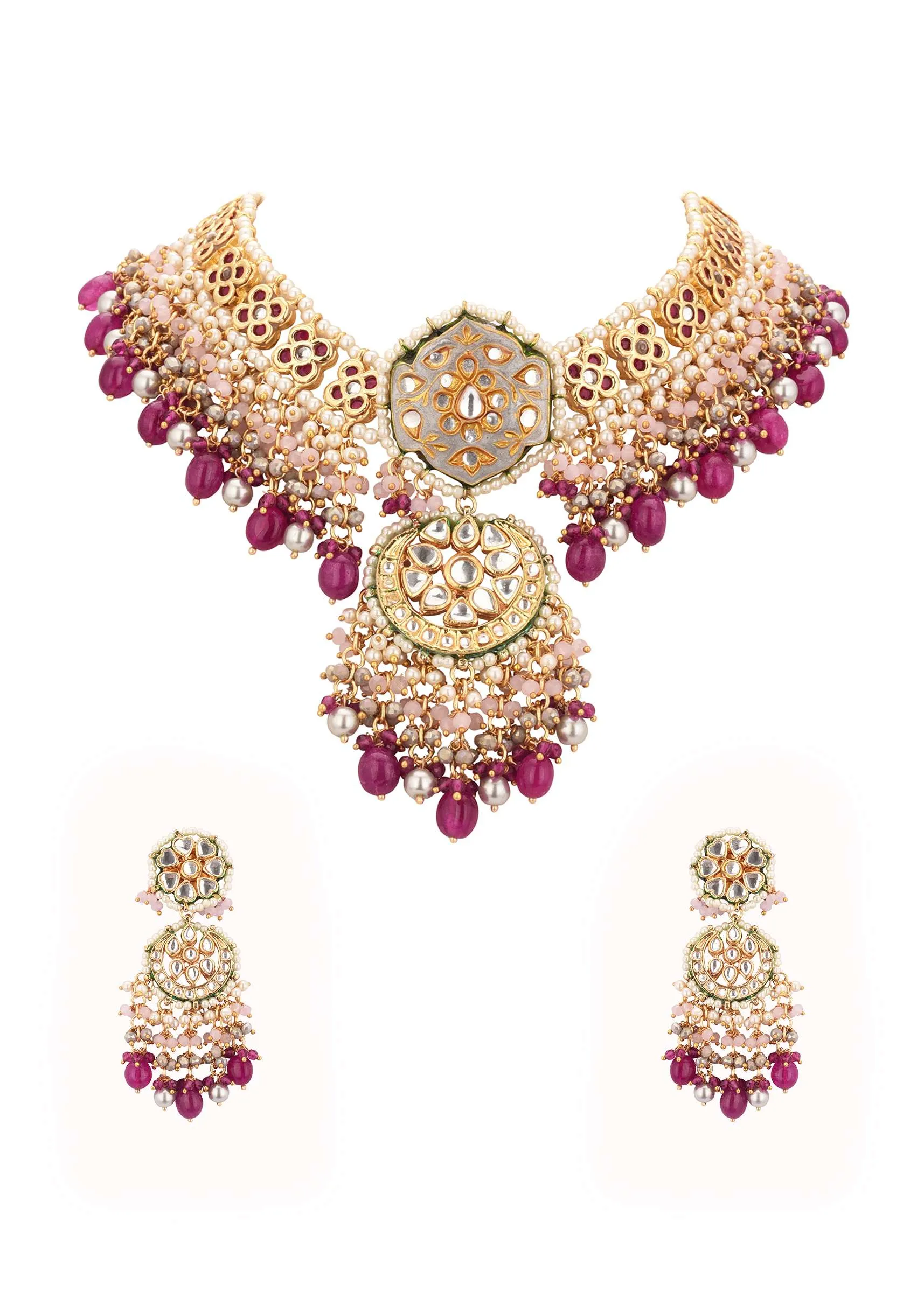 Gold-Finish Ruby Stone Kundan Necklace Set With Colourful Meenakari Work In Mix Metal