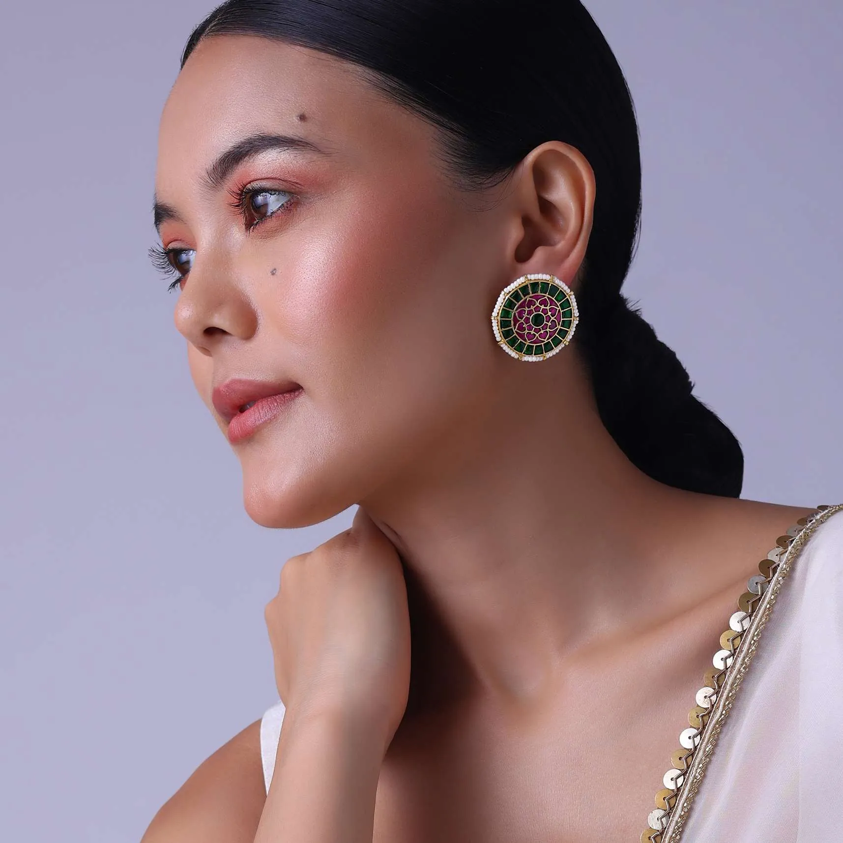 Gold Finish Studs Adorned With Pearls And Meenakari Work