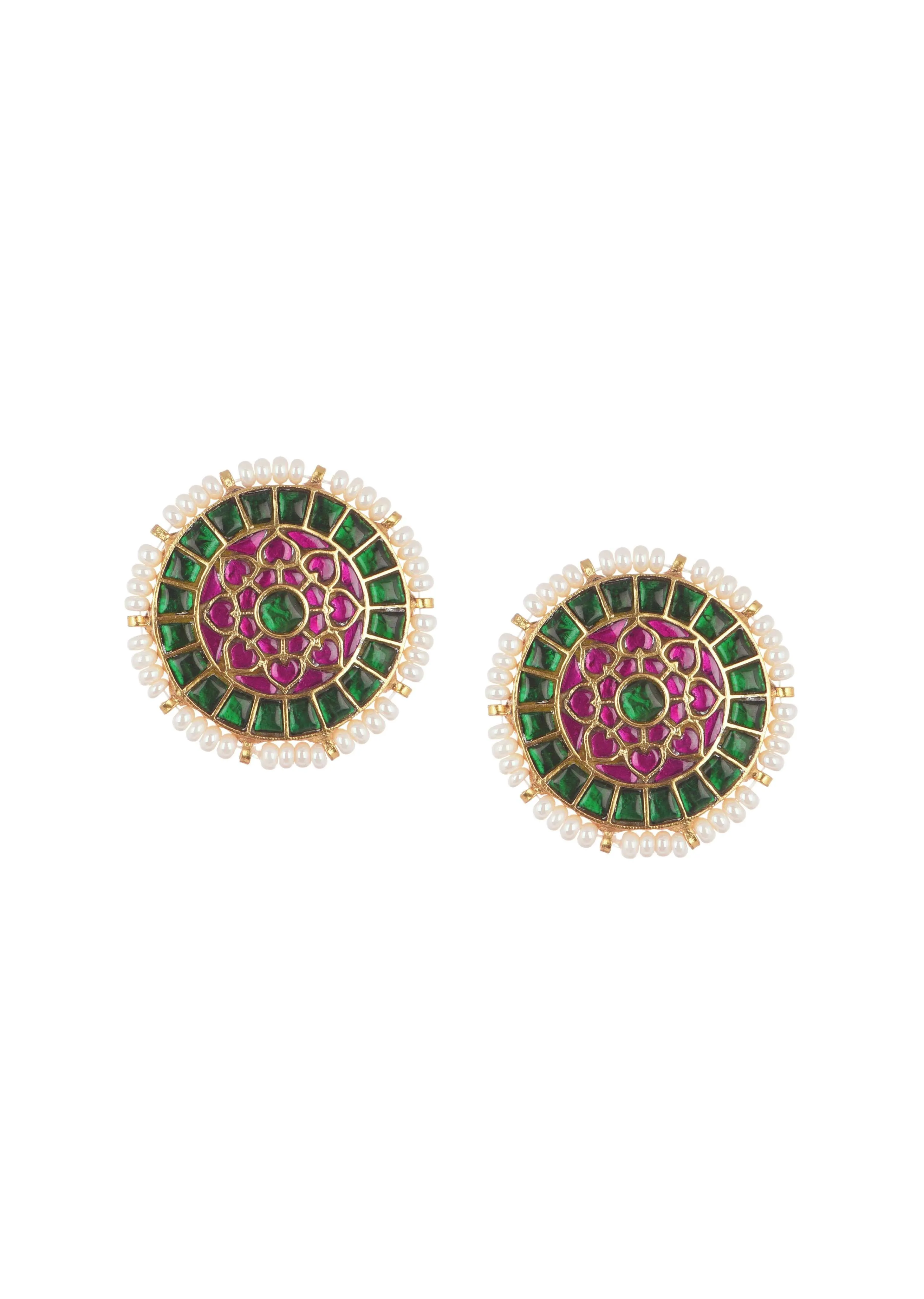 Gold Finish Studs Adorned With Pearls And Meenakari Work