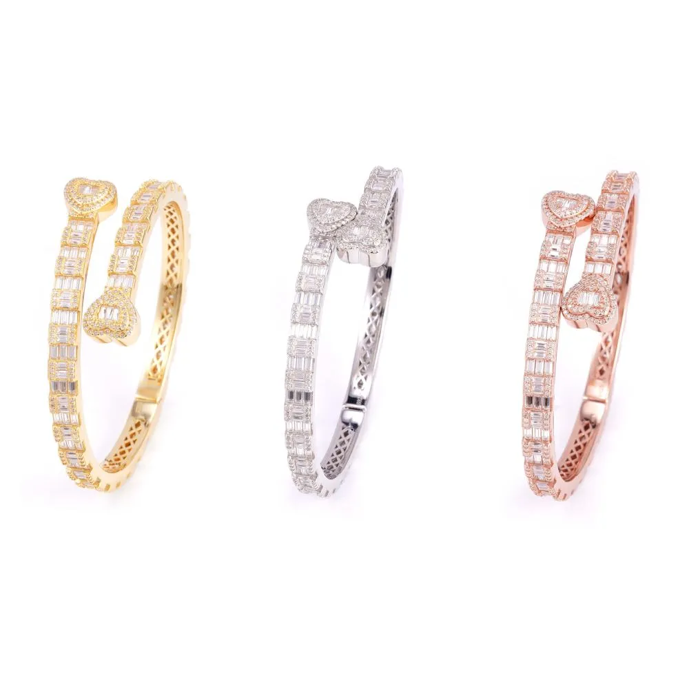 Heart Baguette Moissanite Bangle Bracelet 14K Gold