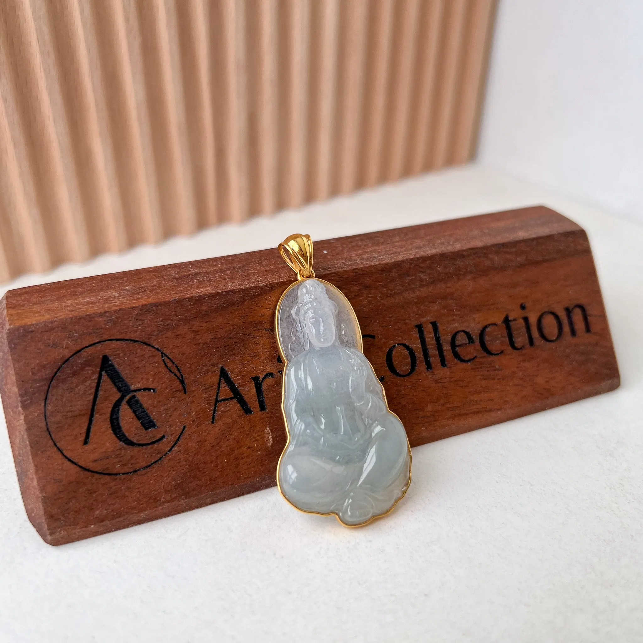 Ice Jadeite Jade Guan Yin Avalokiteshvara, Hand Carved Pendant with 18K Solid Gold, Guanyin, 观音,Lady Buddha, BH-0123-1700117786