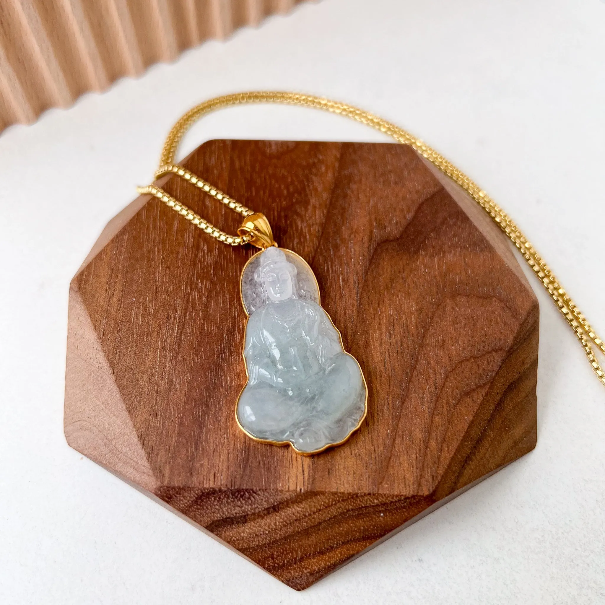 Ice Jadeite Jade Guan Yin Avalokiteshvara, Hand Carved Pendant with 18K Solid Gold, Guanyin, 观音,Lady Buddha, BH-0123-1700117786