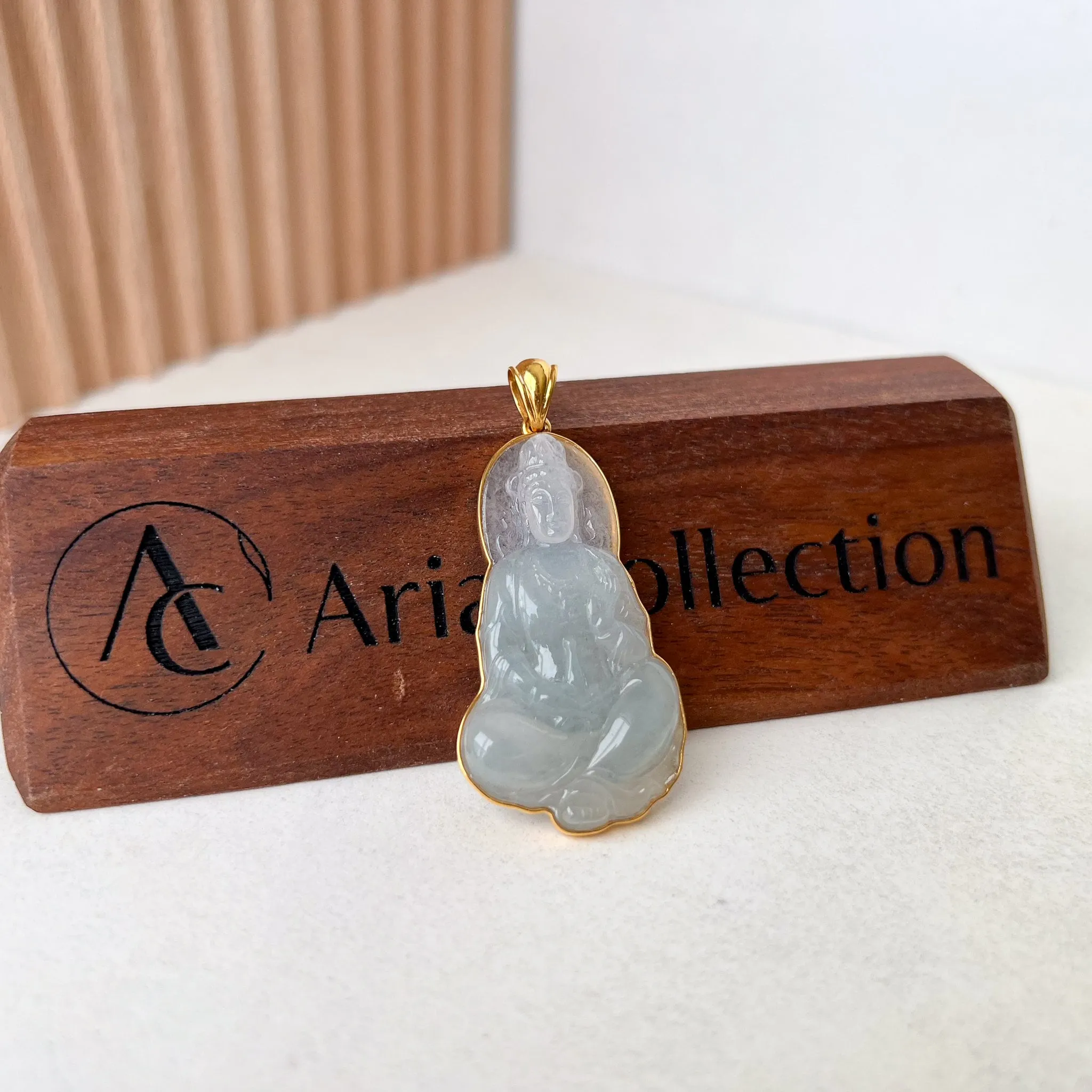 Ice Jadeite Jade Guan Yin Avalokiteshvara, Hand Carved Pendant with 18K Solid Gold, Guanyin, 观音,Lady Buddha, BH-0123-1700117786