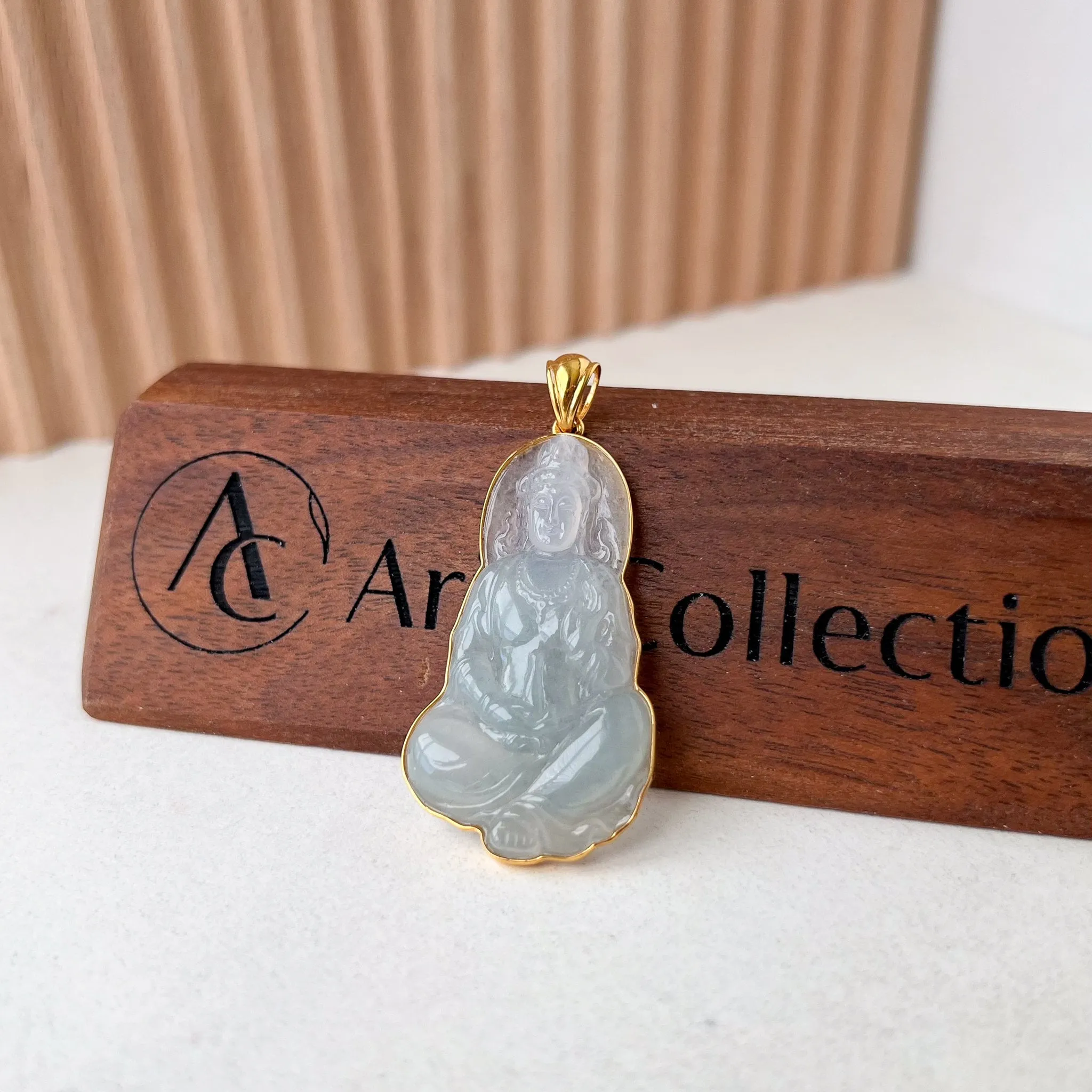 Ice Jadeite Jade Guan Yin Avalokiteshvara, Hand Carved Pendant with 18K Solid Gold, Guanyin, 观音,Lady Buddha, BH-0123-1700117786