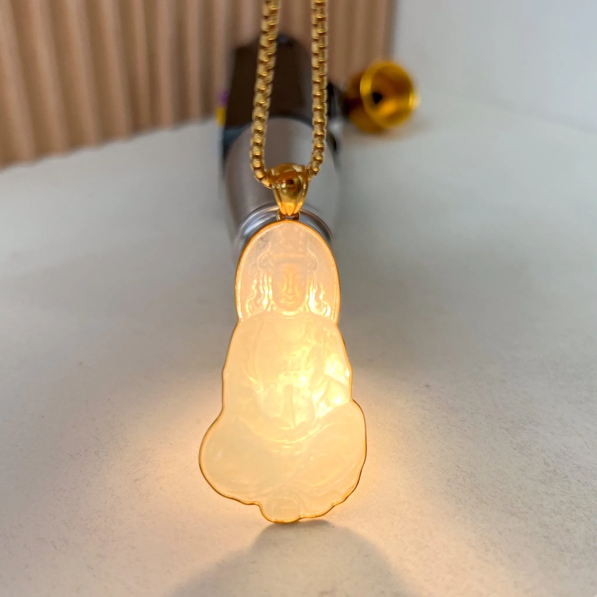 Ice Jadeite Jade Guan Yin Avalokiteshvara, Hand Carved Pendant with 18K Solid Gold, Guanyin, 观音,Lady Buddha, BH-0123-1700117786