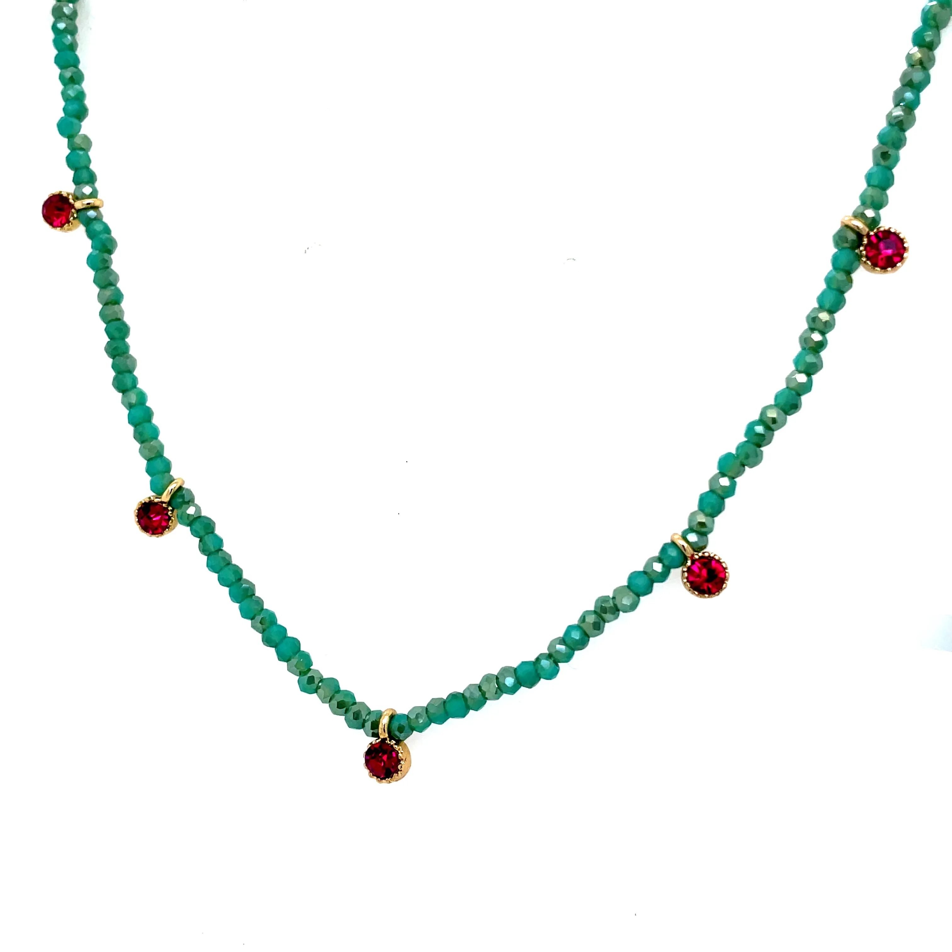 Mint Bead & Ruby Charm Necklace