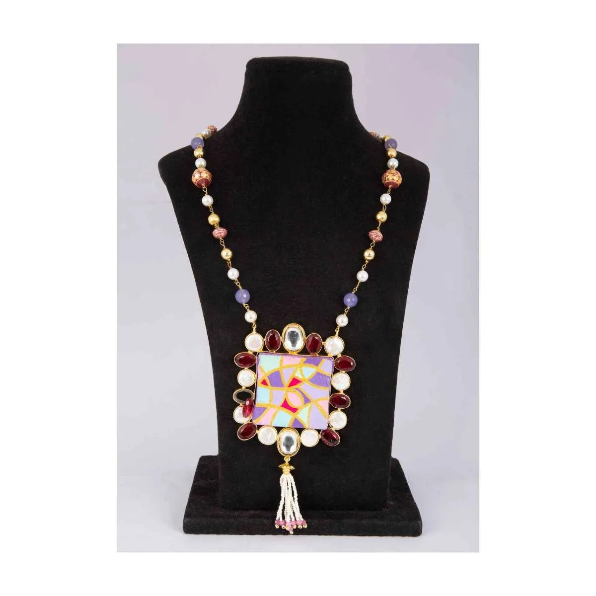 Multi Color Beaded Necklace With A Hand Painted Pendant Enhanced With Kundan And Ruby Beads Online - Kalki Fashion