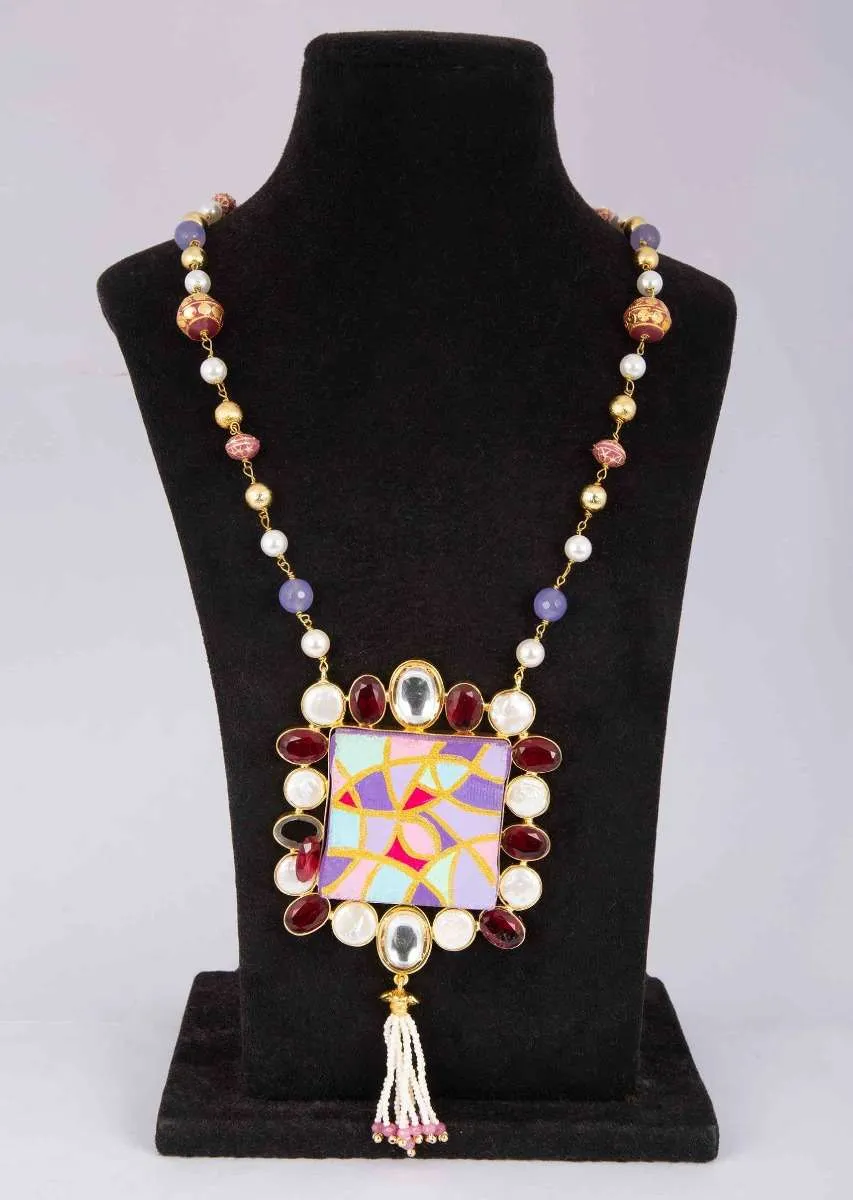 Multi Color Beaded Necklace With A Hand Painted Pendant Enhanced With Kundan And Ruby Beads Online - Kalki Fashion