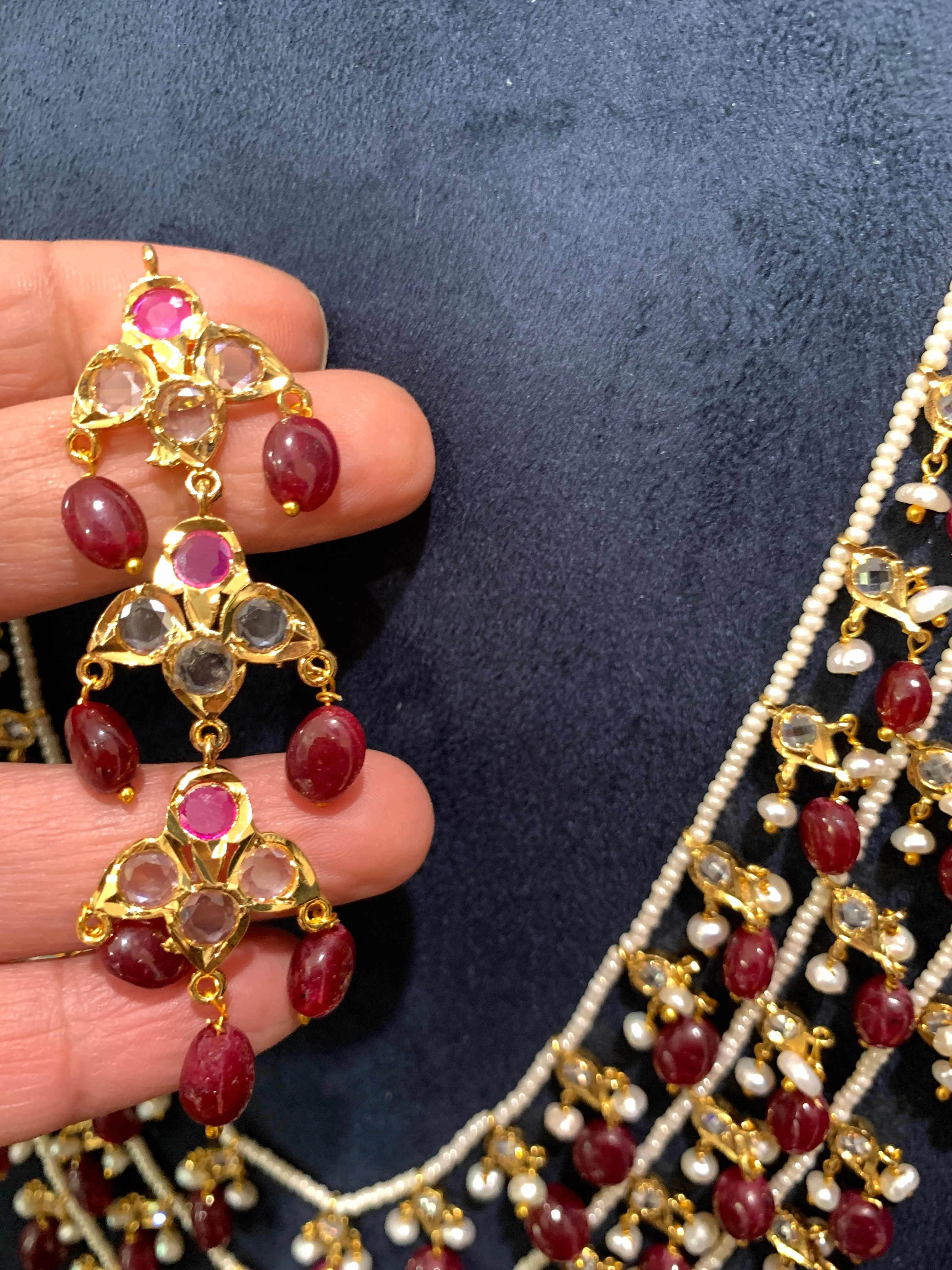 Multi Layer Three line Red Stone Real Ruby Beads Necklace
