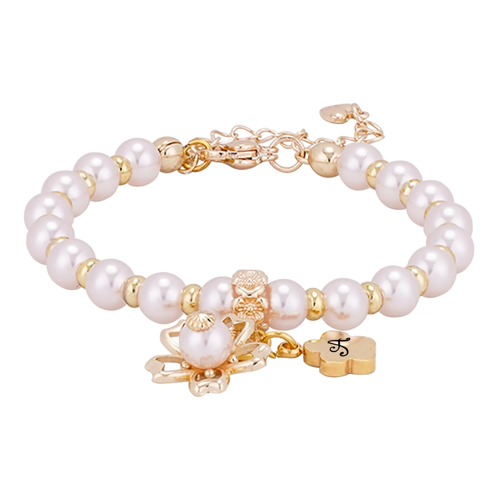 Sakura Charms Personalized Girl's Initial Pink Pearl Bracelet
