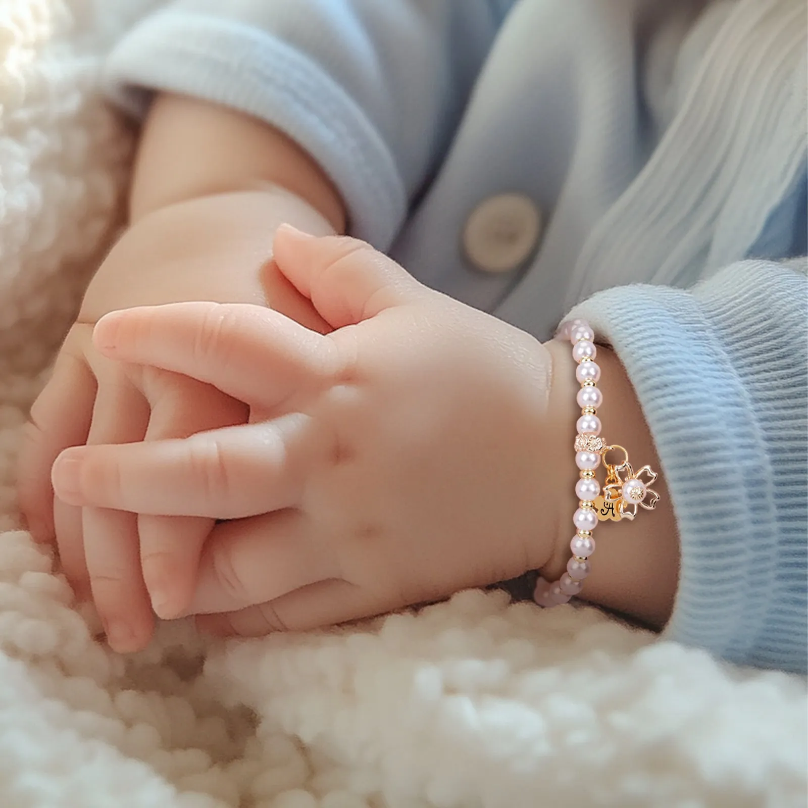 Sakura Charms Personalized Girl's Initial Pink Pearl Bracelet