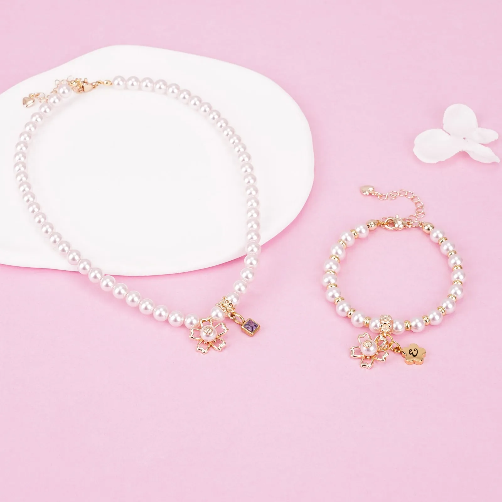 Sakura Charms Personalized Girl's Initial Pink Pearl Bracelet