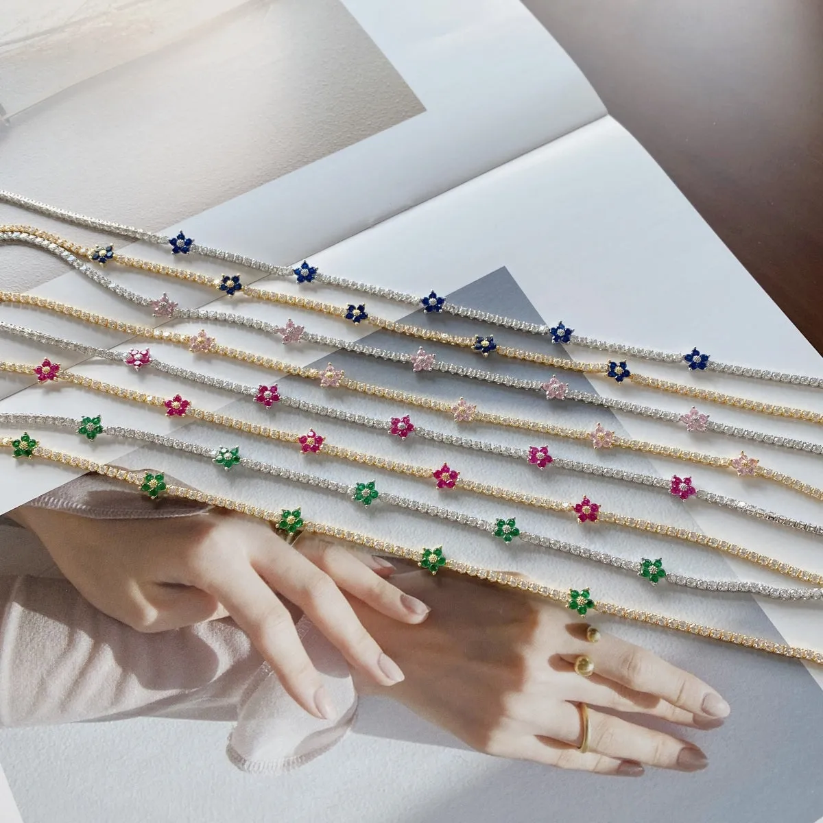Sterling Silver Colorful Tennis Flower Necklace