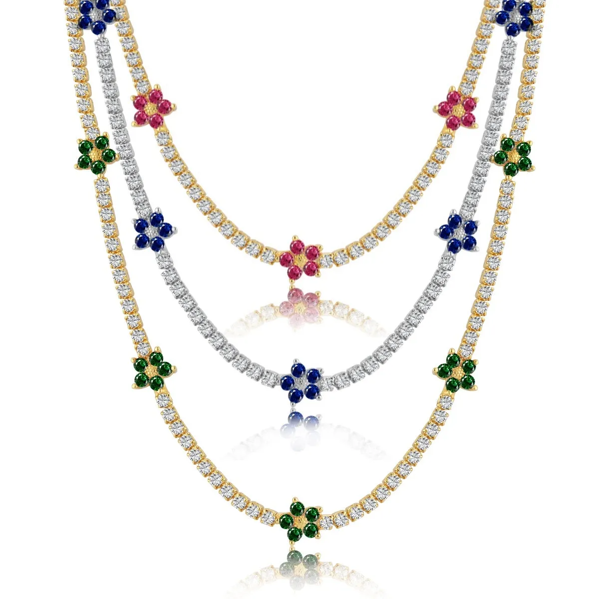 Sterling Silver Colorful Tennis Flower Necklace