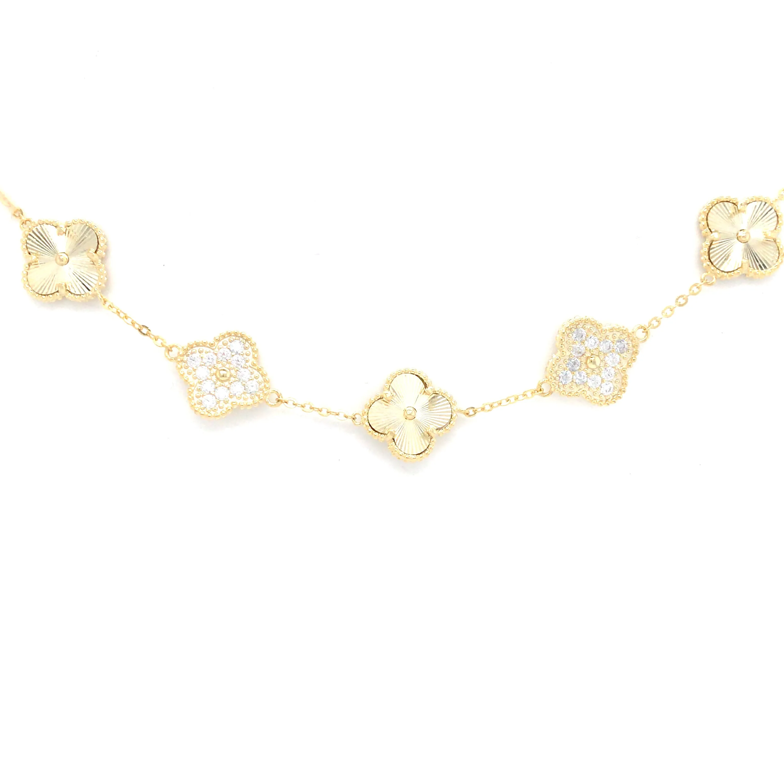 Sterling Silver Gold Plated CZ Five Clover Bracelet