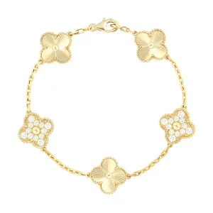 Sterling Silver Gold Plated CZ Five Clover Bracelet