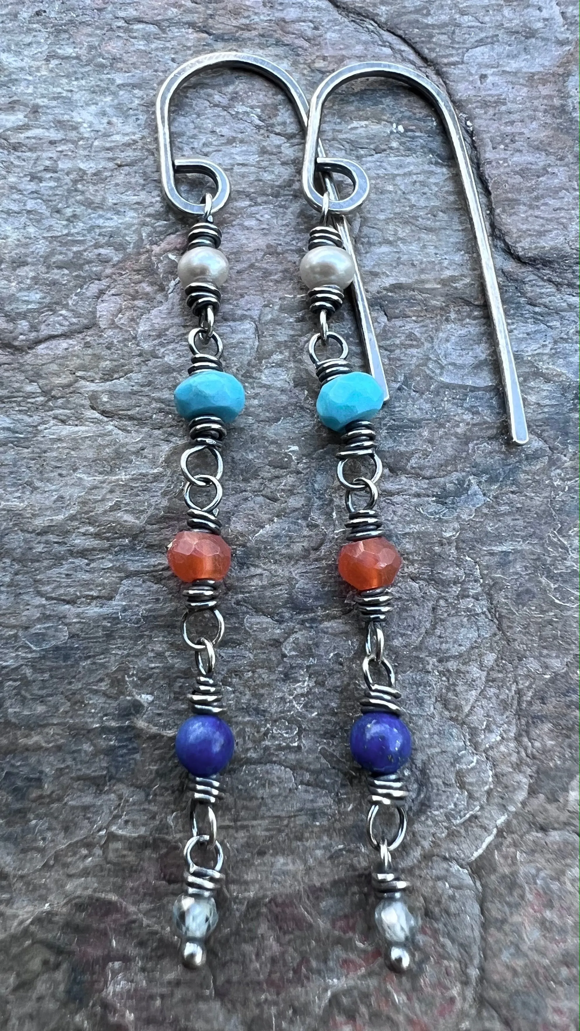 Sterling Silver Natural Stone Earrings - Pearl, Turquoise, Carnelian, Lapis Lazuli, Zircon and Black Pearl Earrings