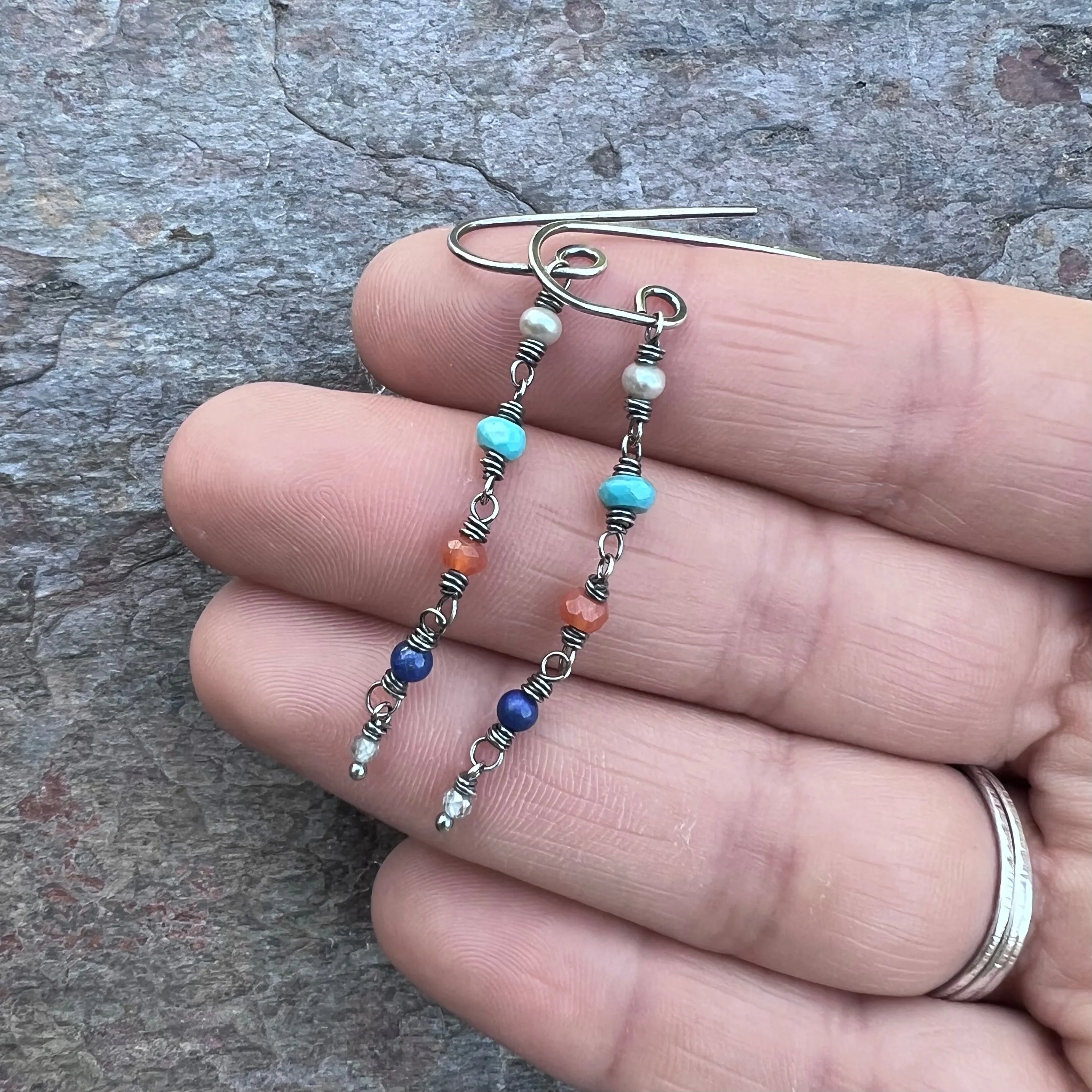 Sterling Silver Natural Stone Earrings - Pearl, Turquoise, Carnelian, Lapis Lazuli, Zircon and Black Pearl Earrings