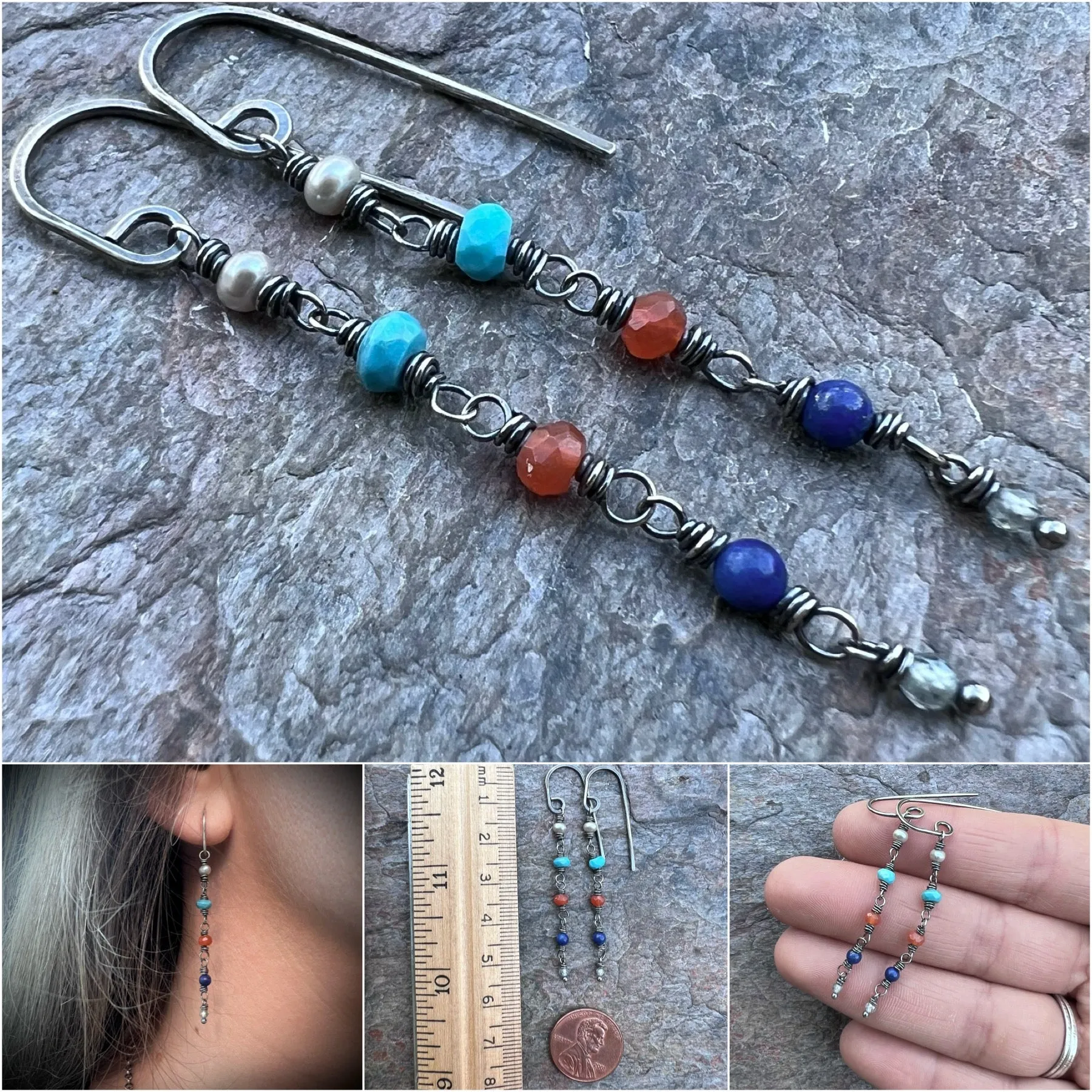 Sterling Silver Natural Stone Earrings - Pearl, Turquoise, Carnelian, Lapis Lazuli, Zircon and Black Pearl Earrings