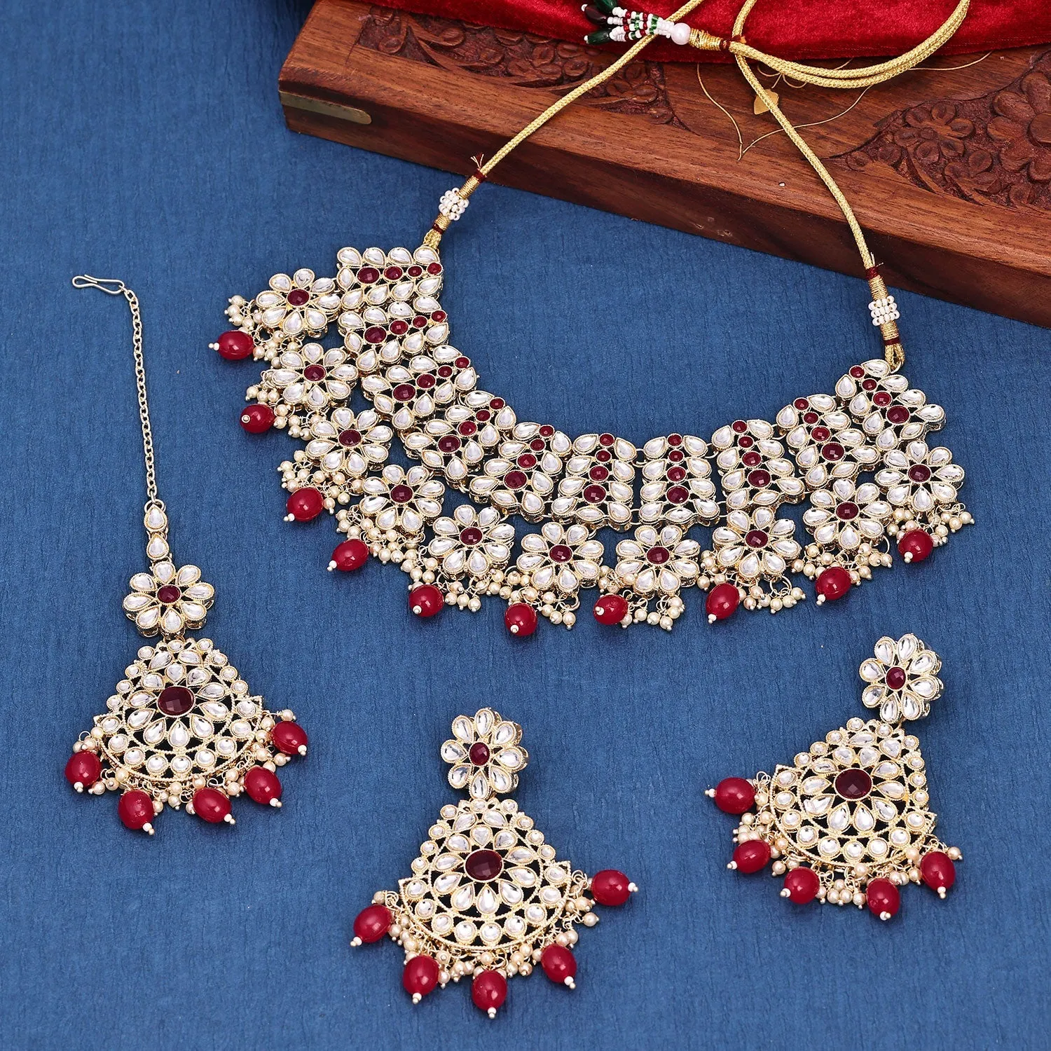 Sukkhi Resplendent Kundan & Pearl Choker Gold Plated Necklace Set For Women