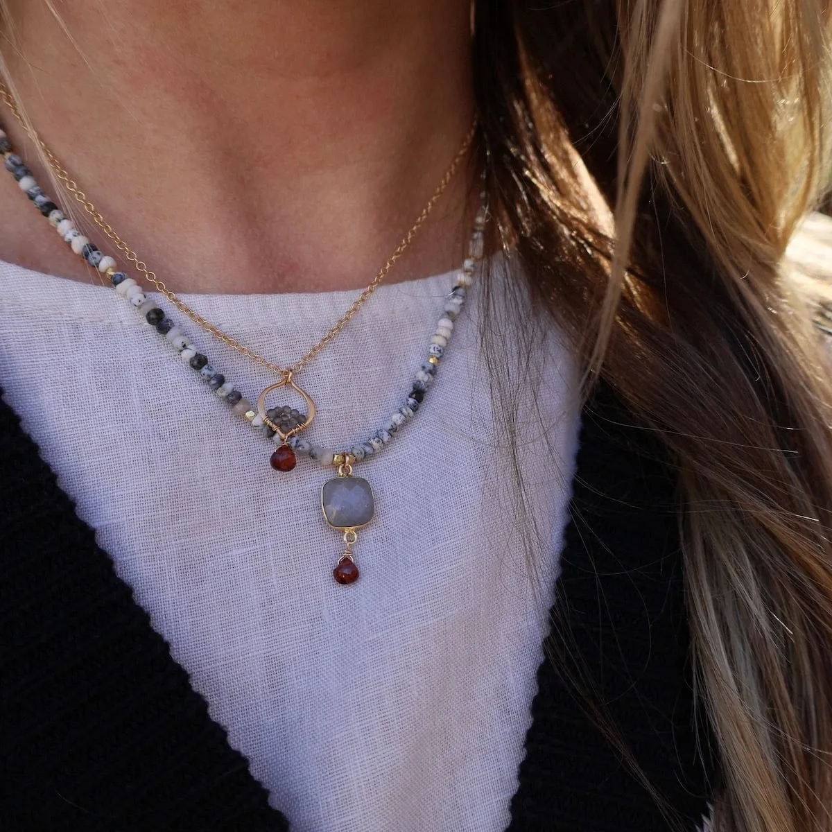 Tiny Arabesque Necklace with Garnet and Gray Moonstone