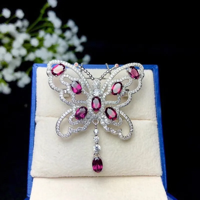 Women Natural Garnet Gemstone Pendant Necklace Women 925 Sterling Silver Anniversary Butterfly Necklace Pendant FN271