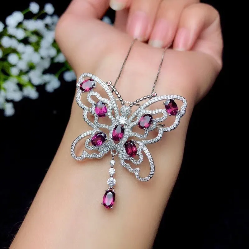 Women Natural Garnet Gemstone Pendant Necklace Women 925 Sterling Silver Anniversary Butterfly Necklace Pendant FN271