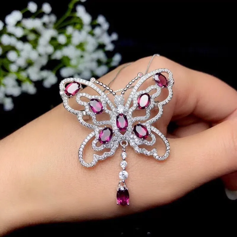 Women Natural Garnet Gemstone Pendant Necklace Women 925 Sterling Silver Anniversary Butterfly Necklace Pendant FN271