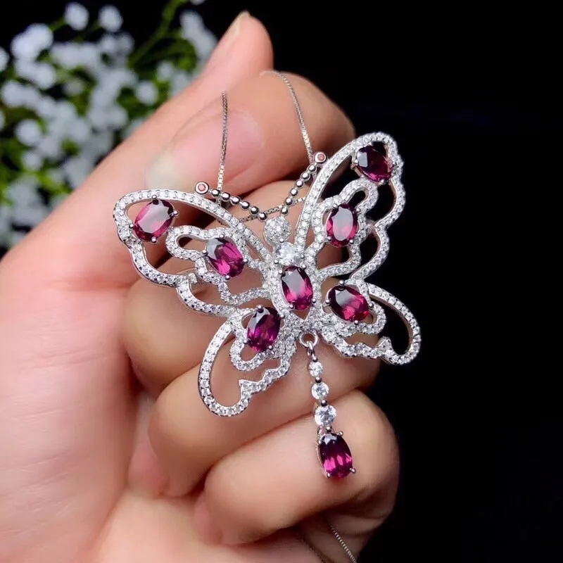 Women Natural Garnet Gemstone Pendant Necklace Women 925 Sterling Silver Anniversary Butterfly Necklace Pendant FN271