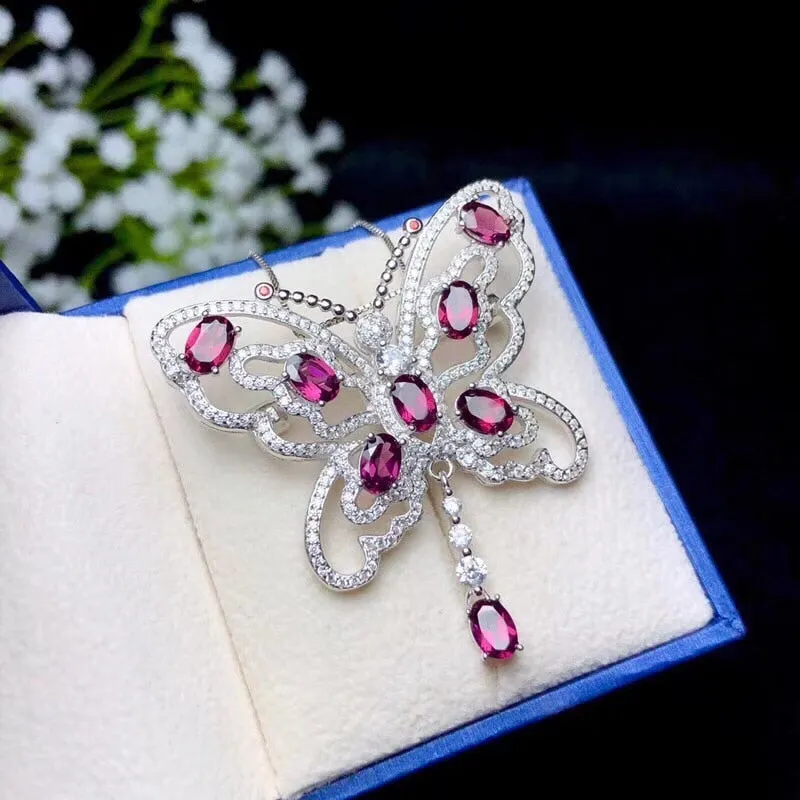 Women Natural Garnet Gemstone Pendant Necklace Women 925 Sterling Silver Anniversary Butterfly Necklace Pendant FN271