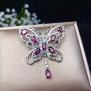 Women Natural Garnet Gemstone Pendant Necklace Women 925 Sterling Silver Anniversary Butterfly Necklace Pendant FN271